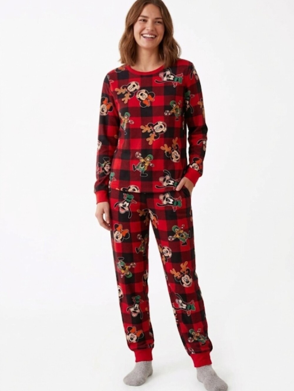 Disney Christmas Holiday 2-Piece Fleece Red/Black Plaid Mickey & Friends Pajamas